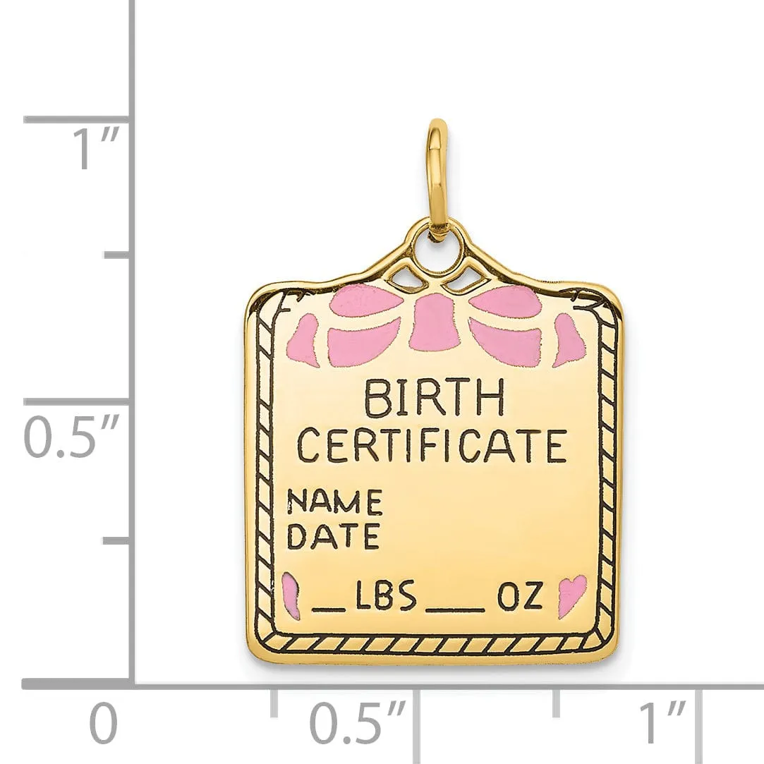 14k Yellow Gold Pink Birth Certificate Pendant