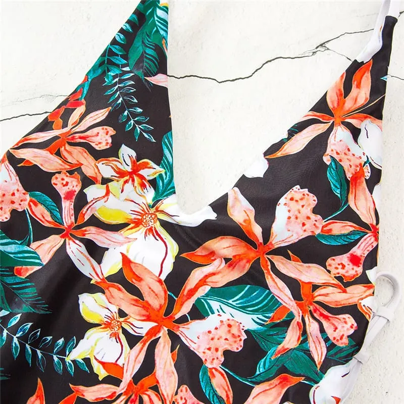 30 Pair's) Deep V Lace-Up Graphic Printed Swimsuit