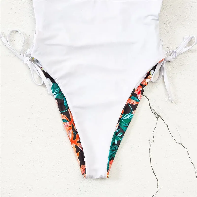 30 Pair's) Deep V Lace-Up Graphic Printed Swimsuit
