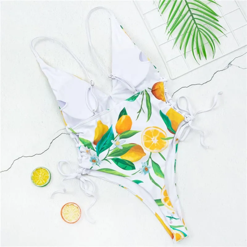 30 Pair's) Deep V Lace-Up Graphic Printed Swimsuit