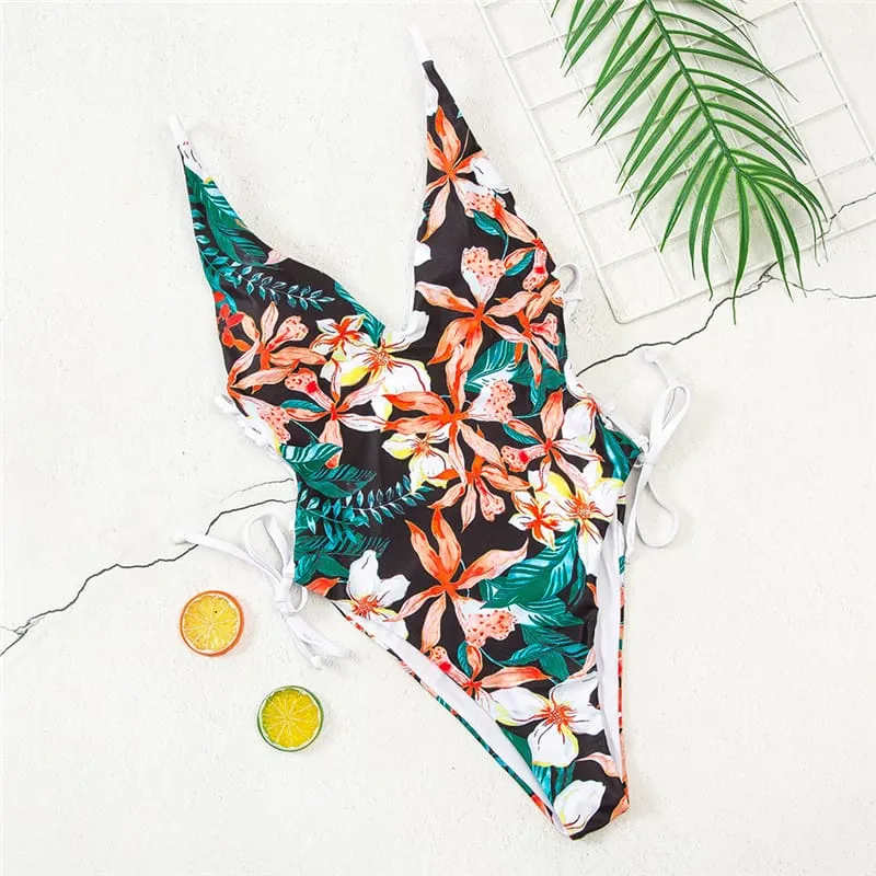 30 Pair's) Deep V Lace-Up Graphic Printed Swimsuit