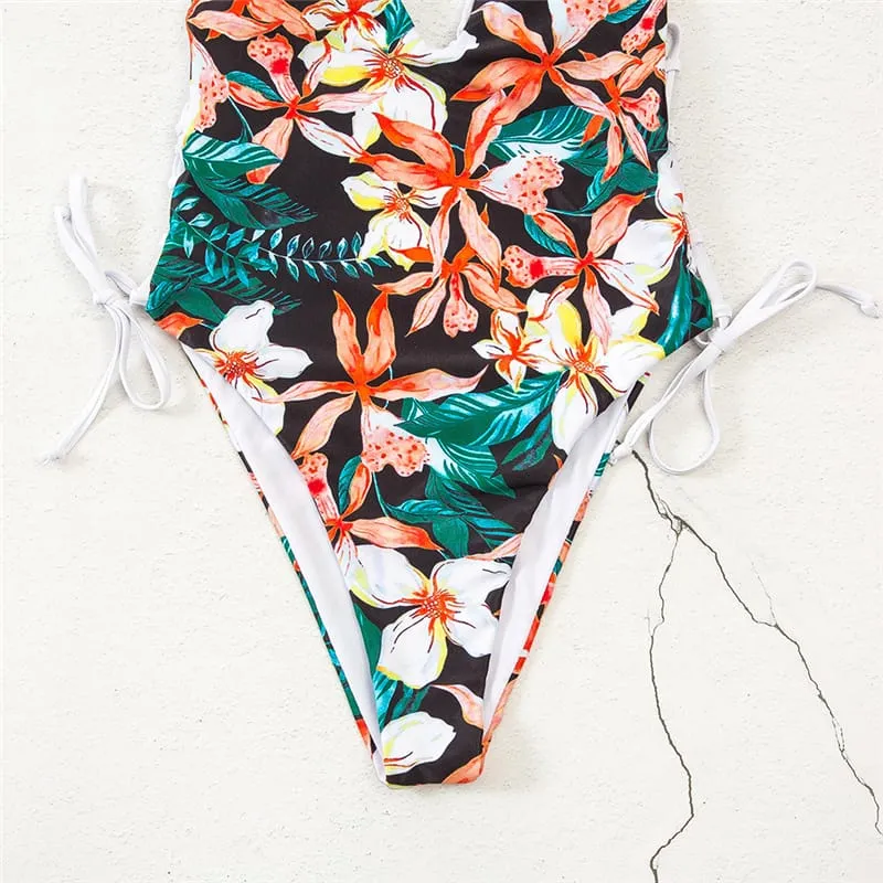 30 Pair's) Deep V Lace-Up Graphic Printed Swimsuit