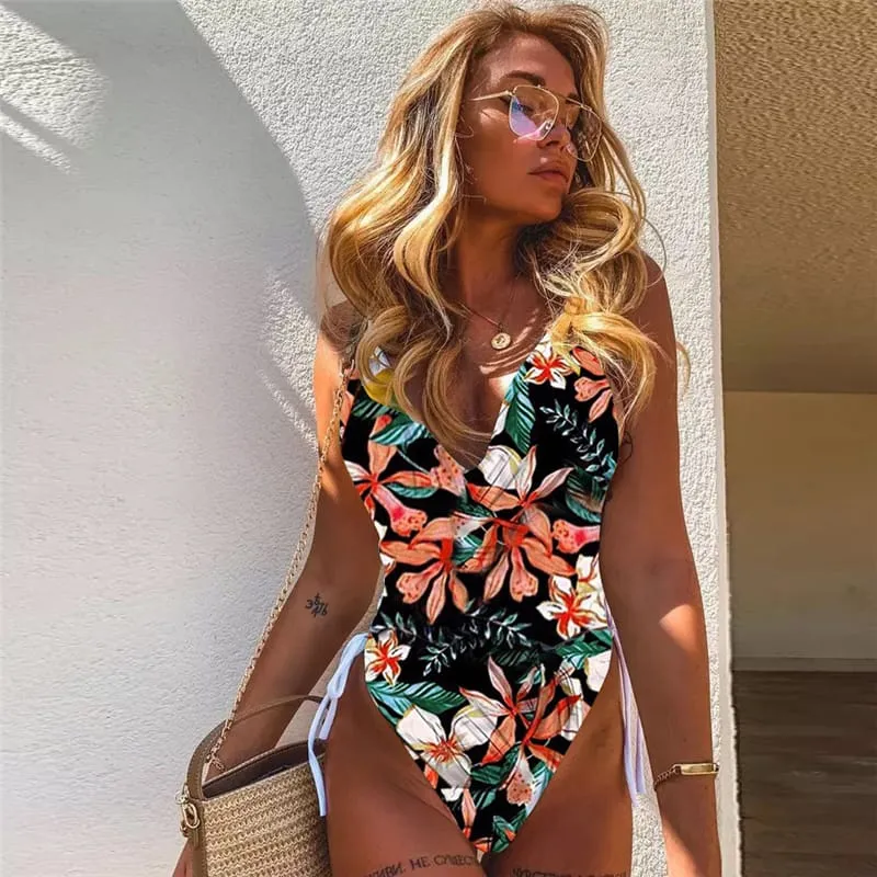 30 Pair's) Deep V Lace-Up Graphic Printed Swimsuit