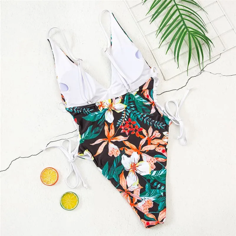 30 Pair's) Deep V Lace-Up Graphic Printed Swimsuit