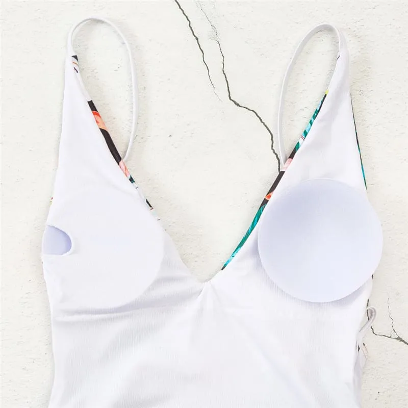 30 Pair's) Deep V Lace-Up Graphic Printed Swimsuit