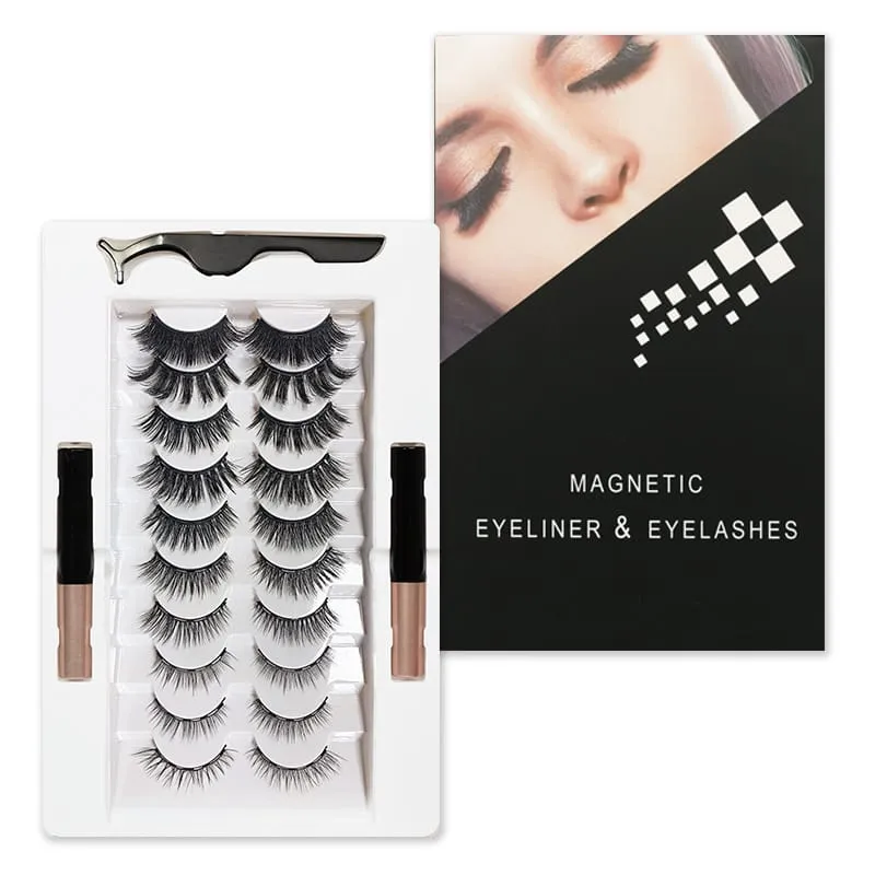 30 Pieces) 10 Pairs Mixed Magnetic False Eyelashes And Liquid Eyeliner Set