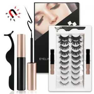 30 Pieces) 10 Pairs Mixed Magnetic False Eyelashes And Liquid Eyeliner Set