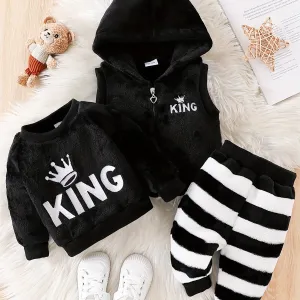 3pcs Baby Boys Long Sleeve Fleece Sweatshirt & Striped Fleece Pants & Hooded Vest, Warm Fall Winter Clothes