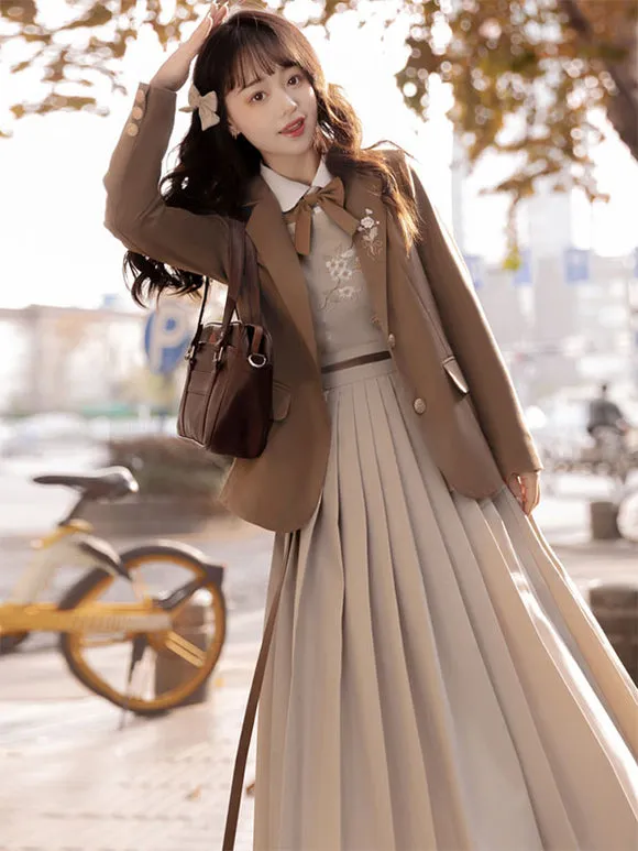 Academic Lolita Outfits Light Brown Long Sleeves Shirt Dress