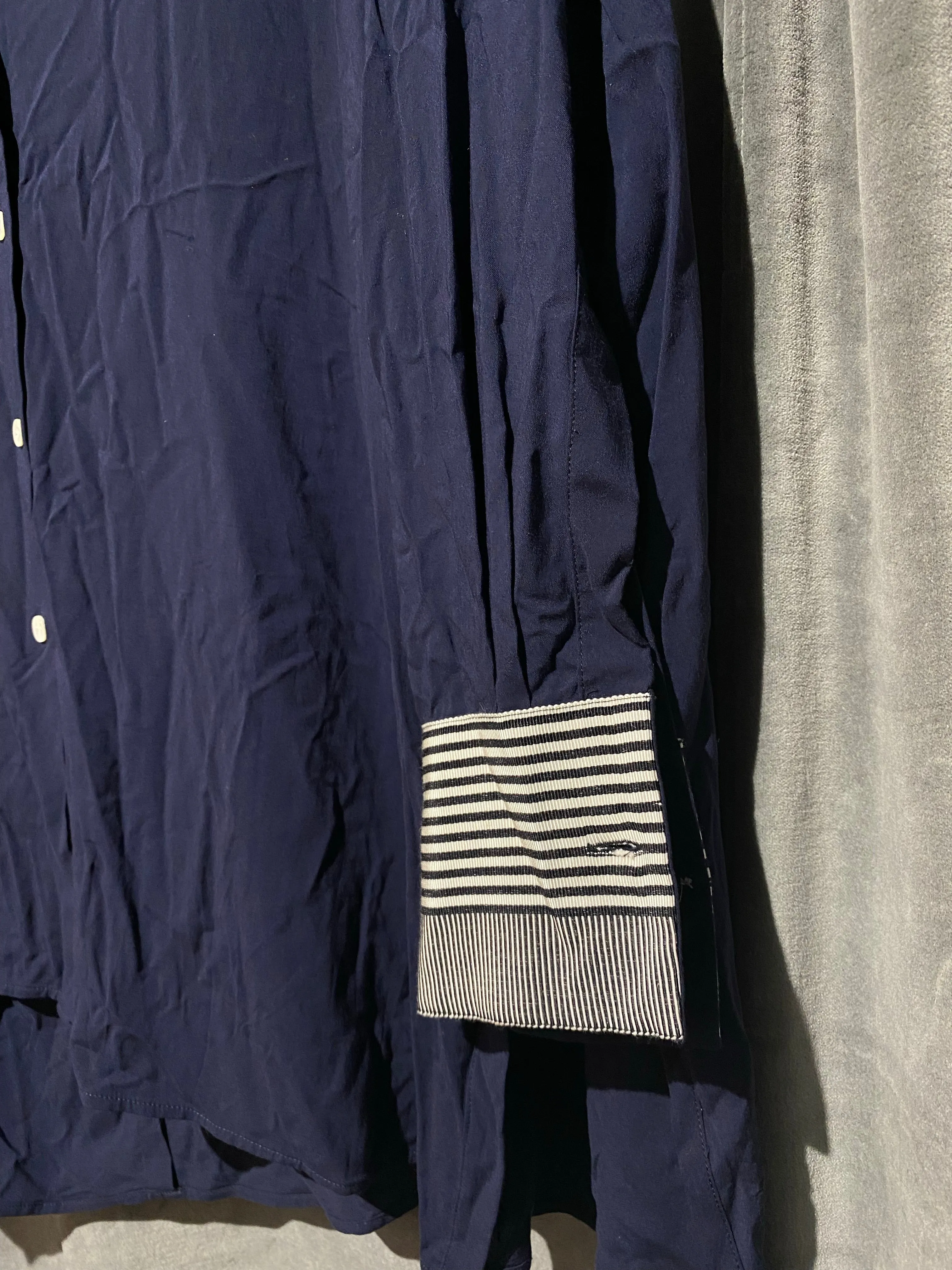 Acne Studios Navy Button Down Collared Top with Stretch and Striped Cuffs