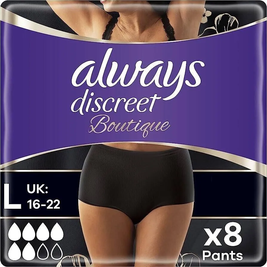 Always Discreet Boutique, Incontinence Underwear Black Large x8 x3 Packs