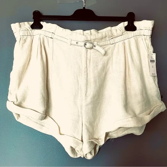 Anthropologie Linen Blend Belted Beach Shorts In Pearl Cream Size XL NWT