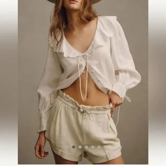 Anthropologie Linen Blend Belted Beach Shorts In Pearl Cream Size XL NWT