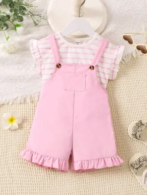 Baby Girl Striped Round Neck Top And Ruffles Hem Overall Set FD