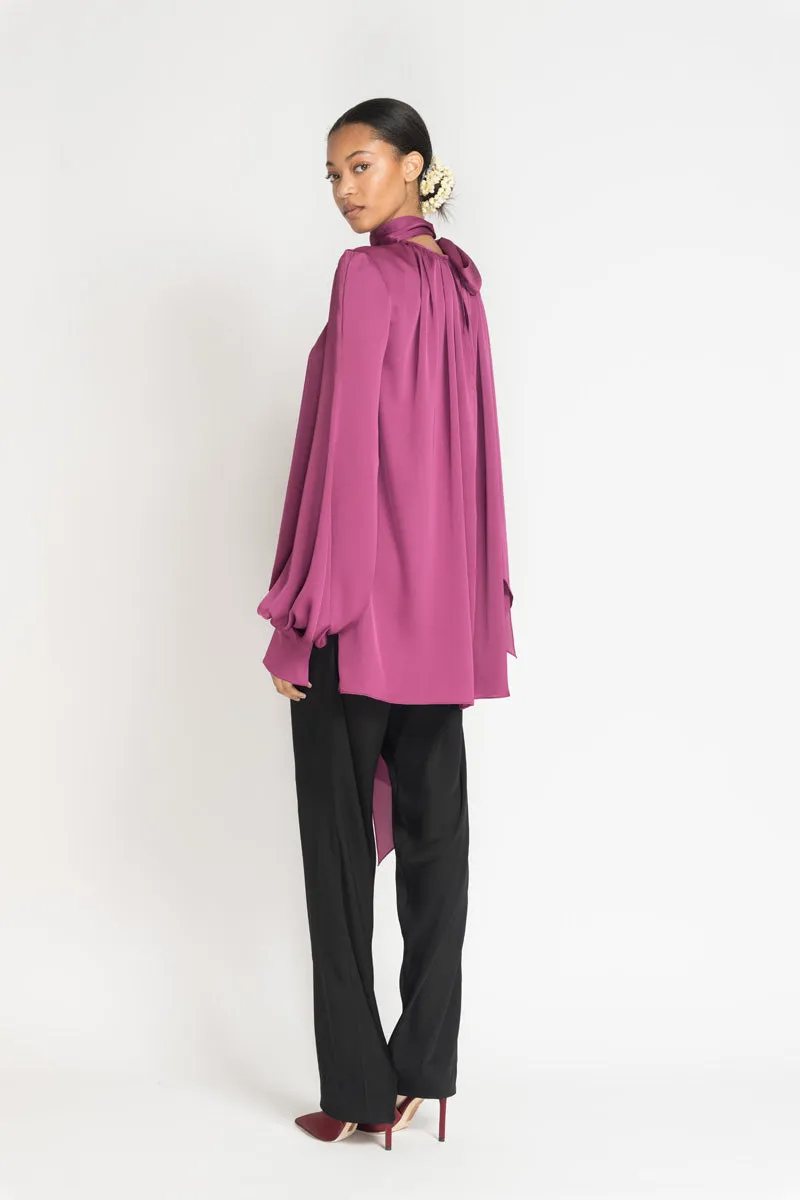 Berry Satin Crepe Blouse with Neck Tie Detail
