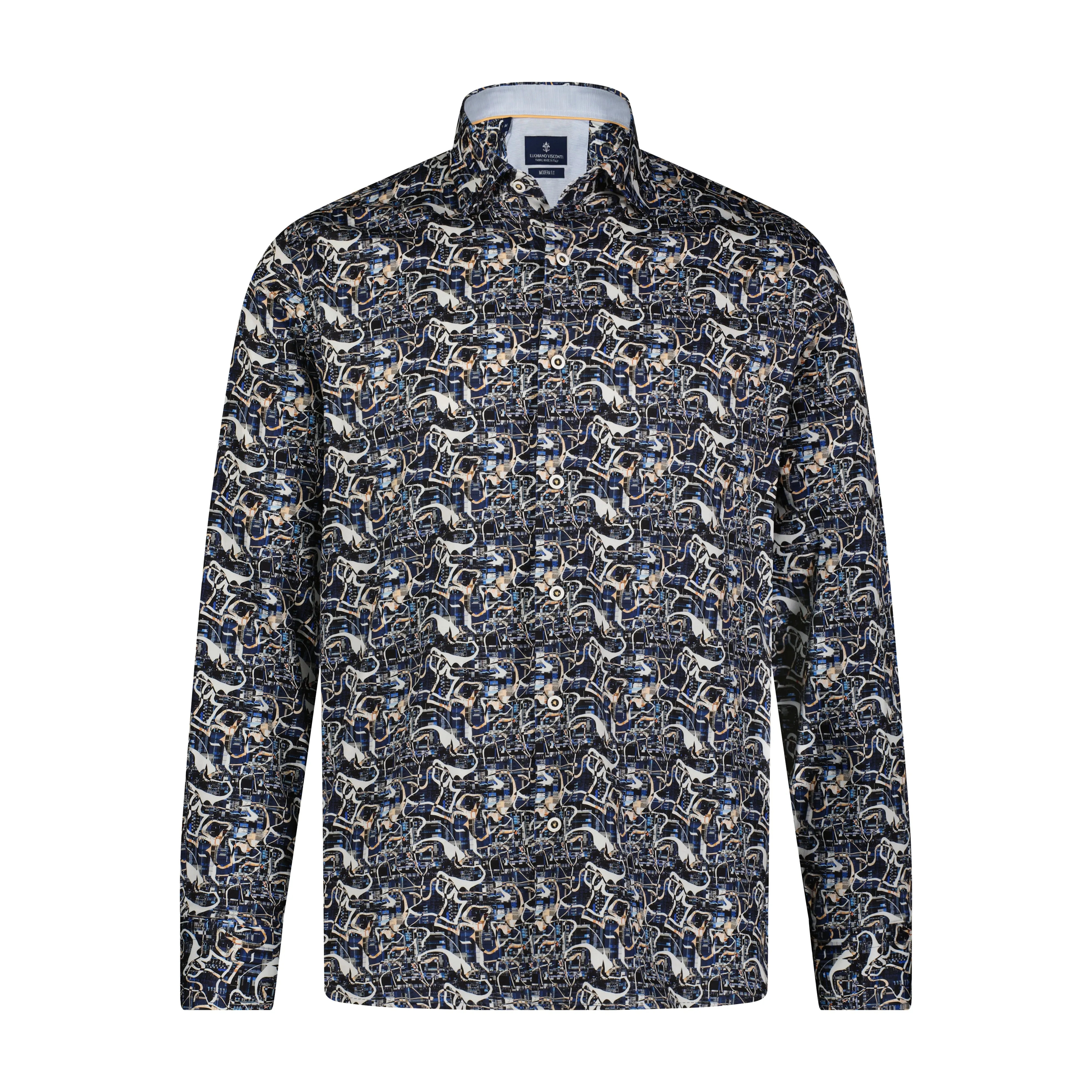 Black, Blue, and Tan Abstract Print Long Sleeve Shirt