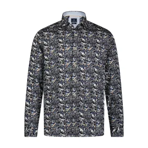 Black, Blue, and Tan Abstract Print Long Sleeve Shirt