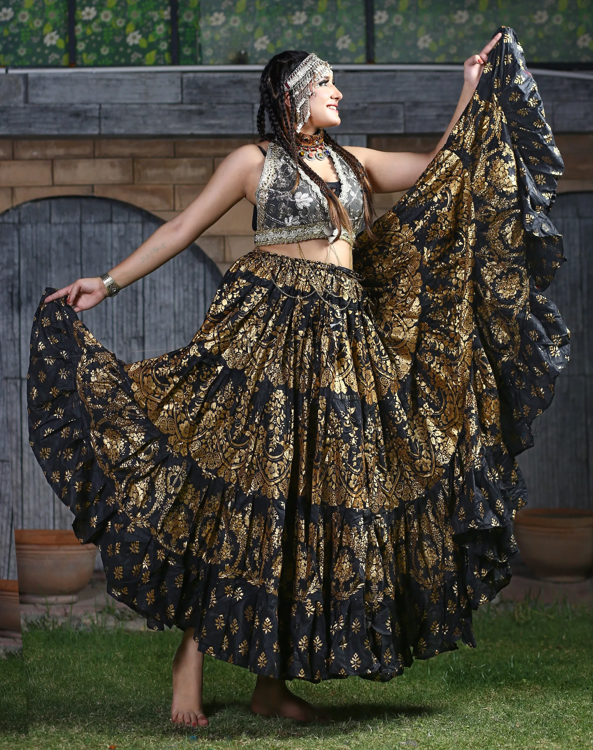 Block print Assuit pattern skirt Oriental Border Black/Gold