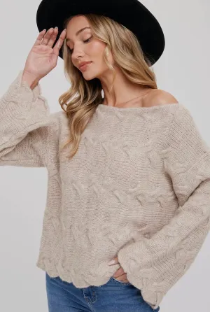 Blue Ivy Oatmeal Boat Neck Cable Knit Pullover