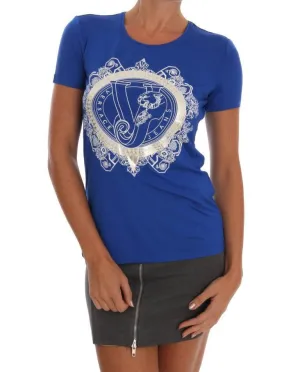 Blue Stretch Logo Motive Print Blouse