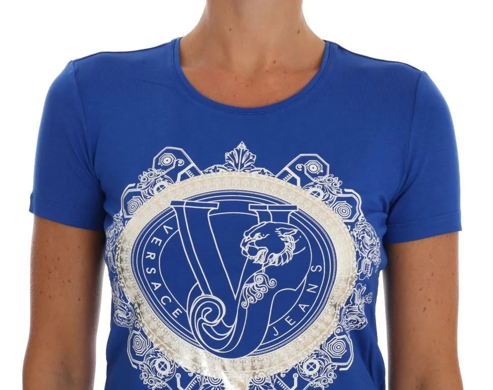 Blue Stretch Logo Motive Print Blouse