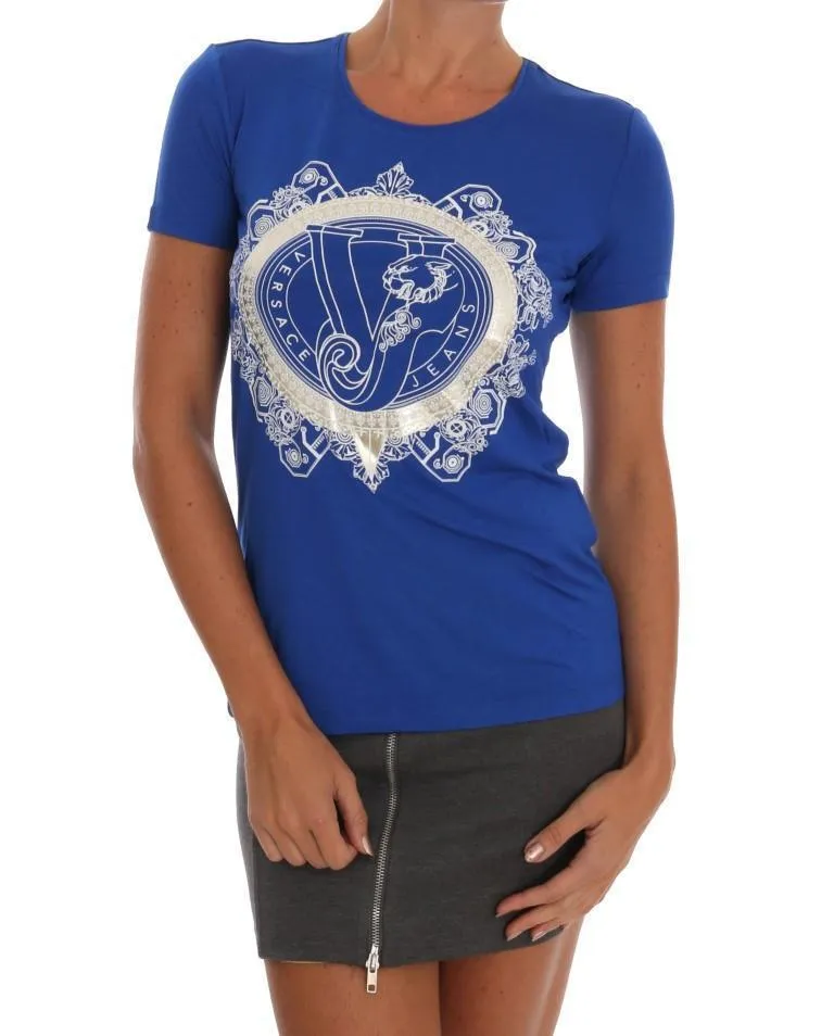 Blue Stretch Logo Motive Print Blouse