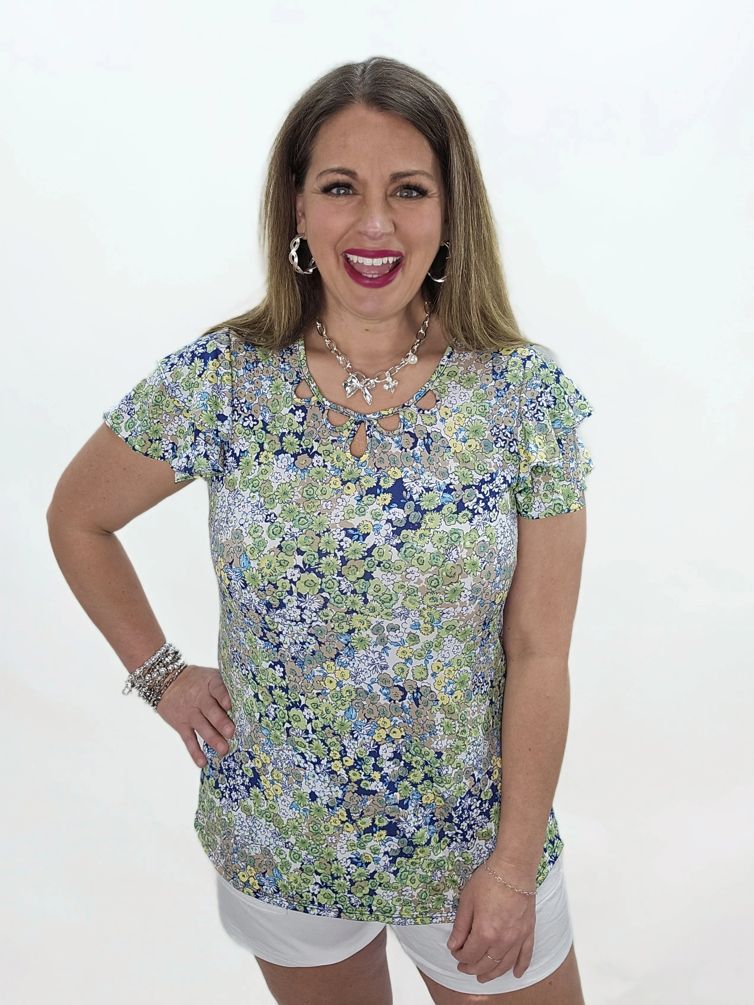 BLUE/GREEN RUFFLE SLEEVE FLORAL KNIT TOP