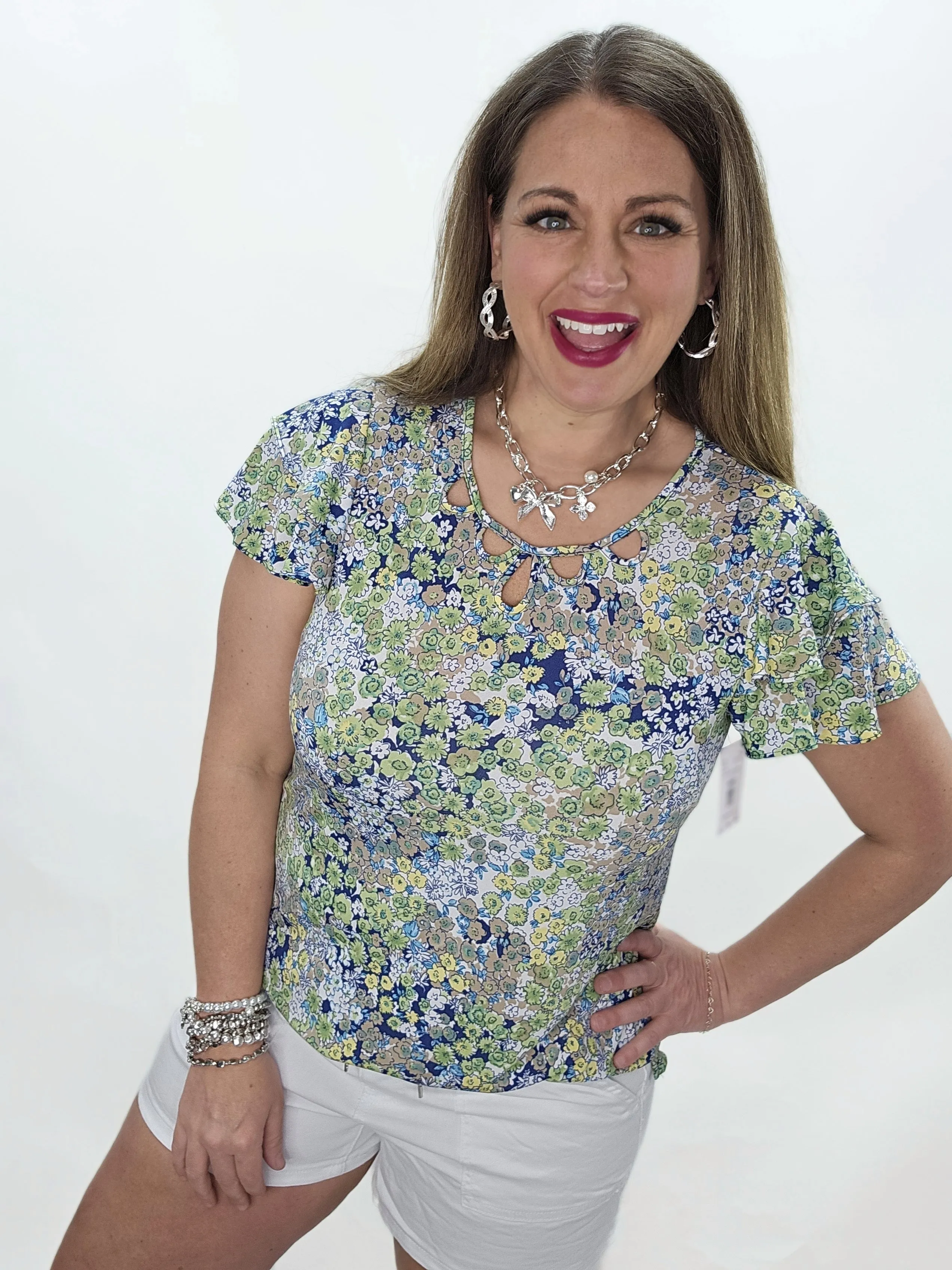 BLUE/GREEN RUFFLE SLEEVE FLORAL KNIT TOP