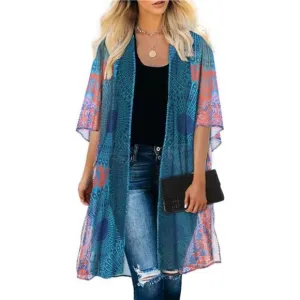 Boho Psychedelic Medallion Printed Cardigan Kimono Duster Bikini Swim Coverup