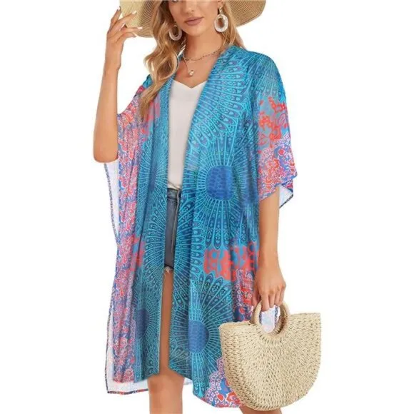 Boho Psychedelic Medallion Printed Cardigan Kimono Duster Bikini Swim Coverup