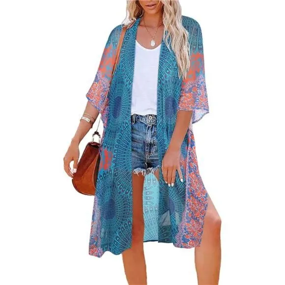 Boho Psychedelic Medallion Printed Cardigan Kimono Duster Bikini Swim Coverup