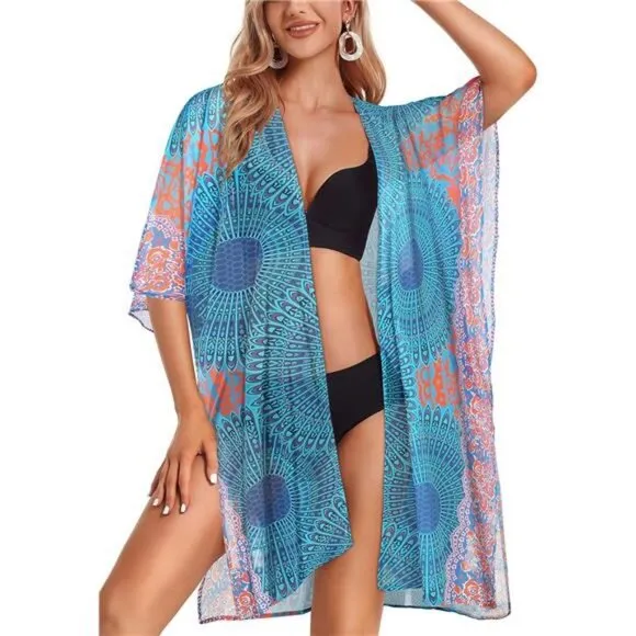 Boho Psychedelic Medallion Printed Cardigan Kimono Duster Bikini Swim Coverup
