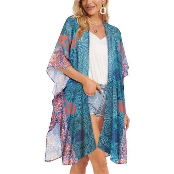Boho Psychedelic Medallion Printed Cardigan Kimono Duster Bikini Swim Coverup