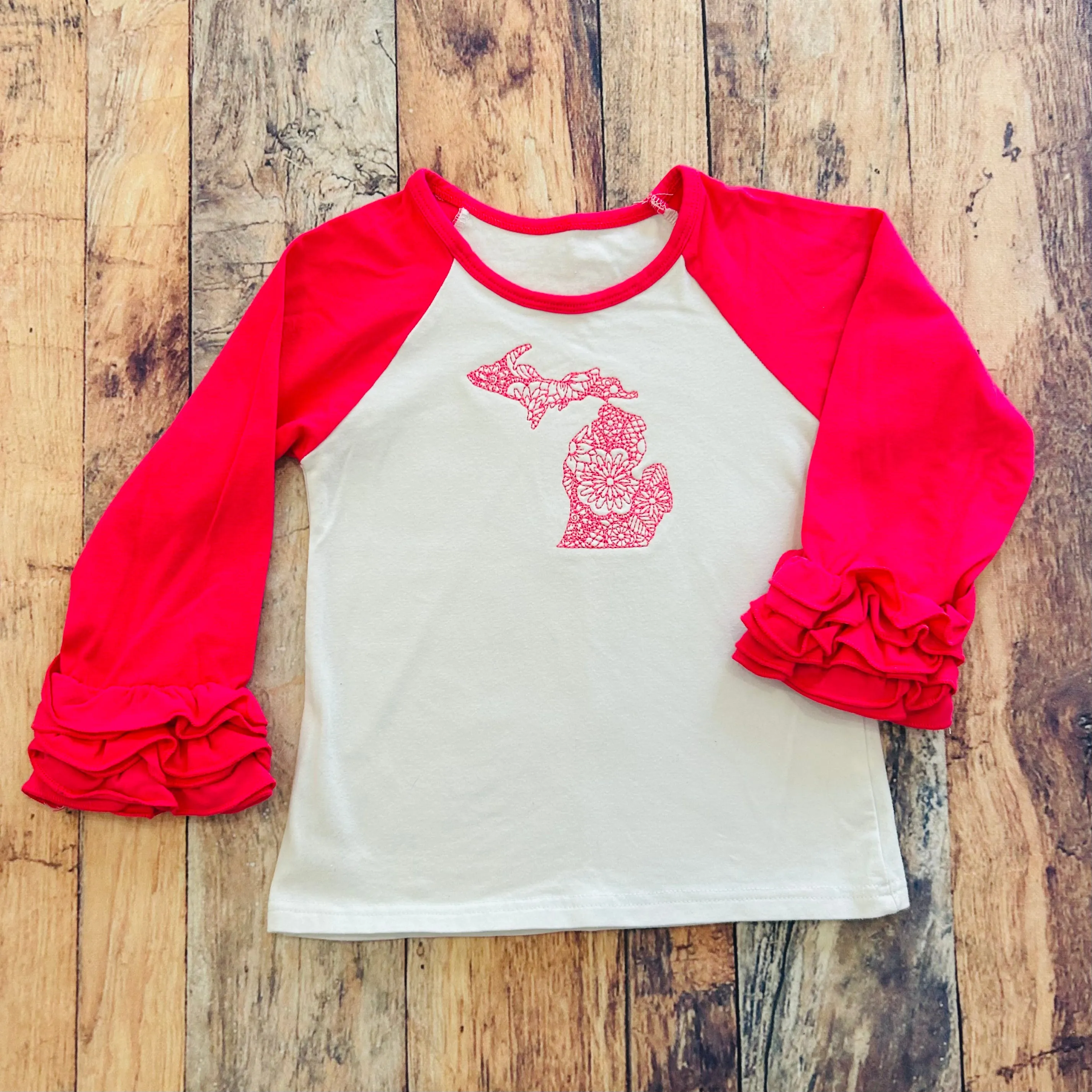 Boutique Ruffle Girl Top 4 Pink White Michigan Embroidered Top