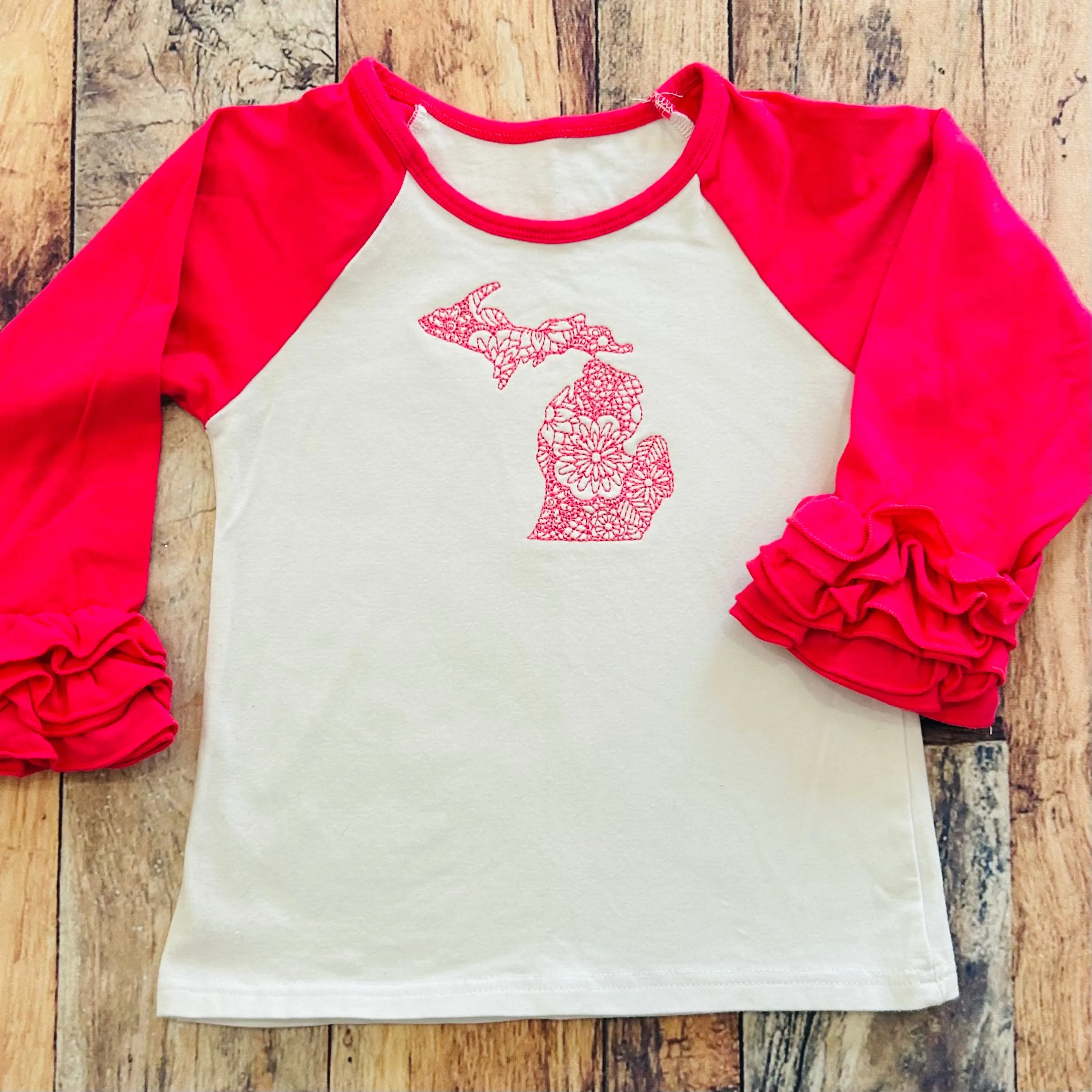 Boutique Ruffle Girl Top 4 Pink White Michigan Embroidered Top
