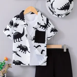Boys' Summer Dinosaur Cartoon 3pcs Set: Short Sleeve Shirt, Bucket Hat & Shorts - Casual Vacation Style.