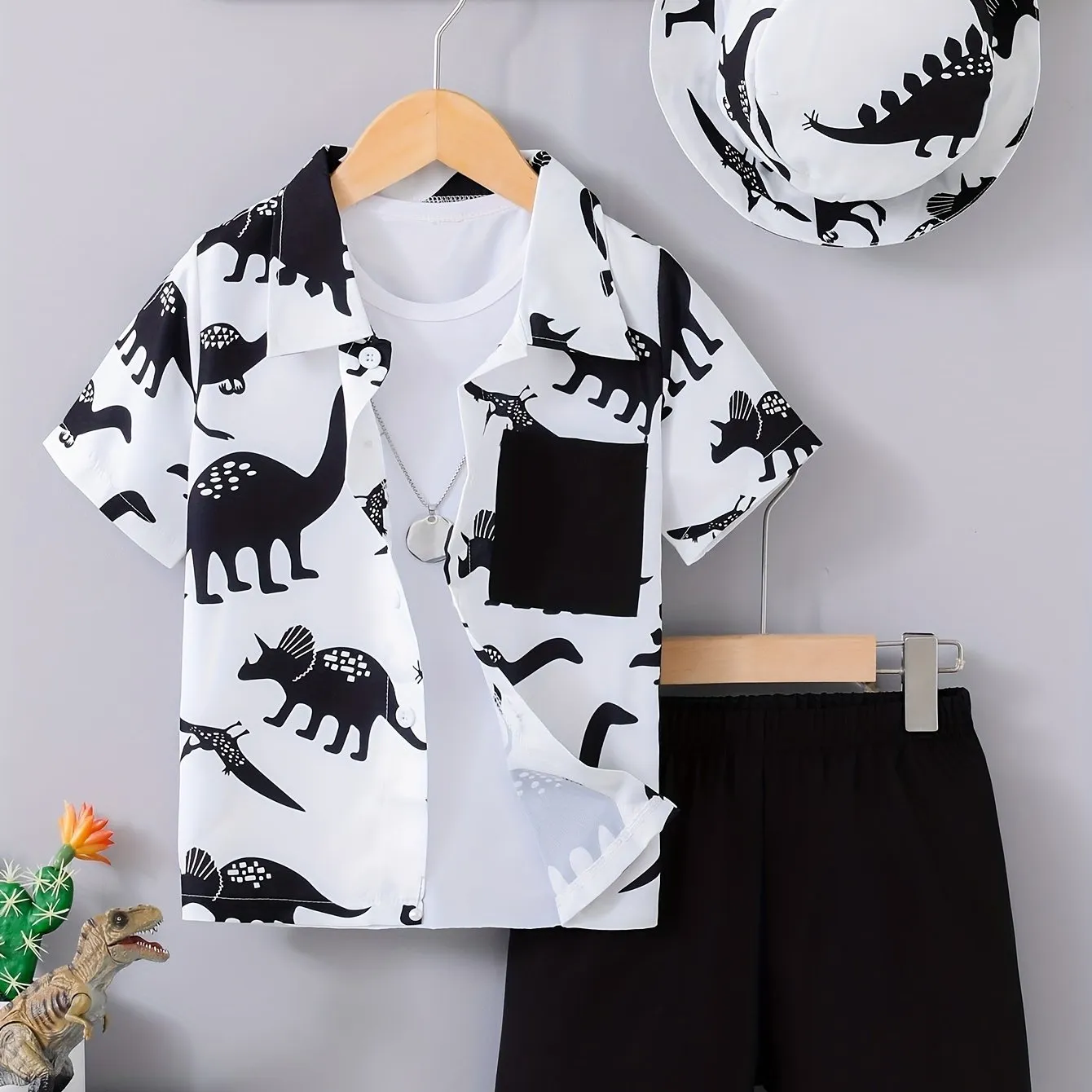 Boys' Summer Dinosaur Cartoon 3pcs Set: Short Sleeve Shirt, Bucket Hat & Shorts - Casual Vacation Style.