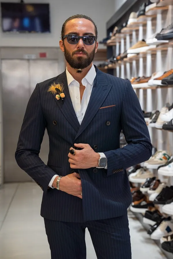 Brabion Lance Dark Blue Slim Fit Pinstripe Double Breasted Suit