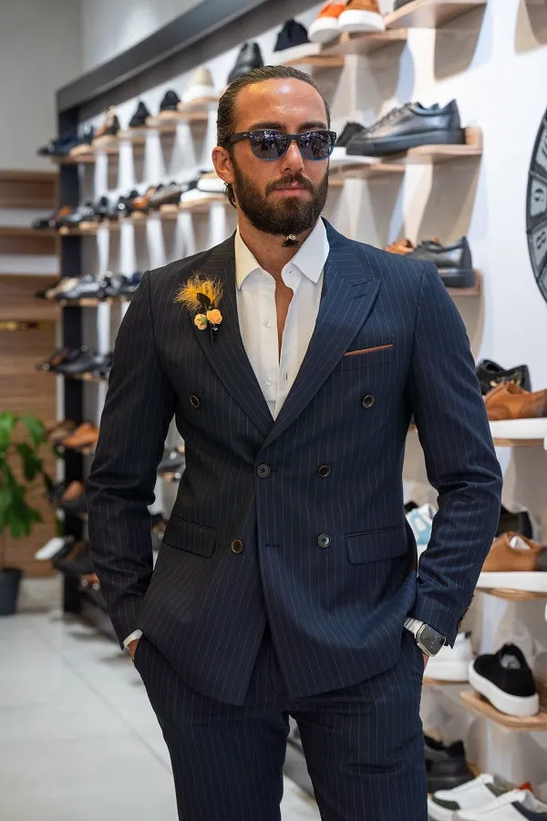 Brabion Lance Dark Blue Slim Fit Pinstripe Double Breasted Suit