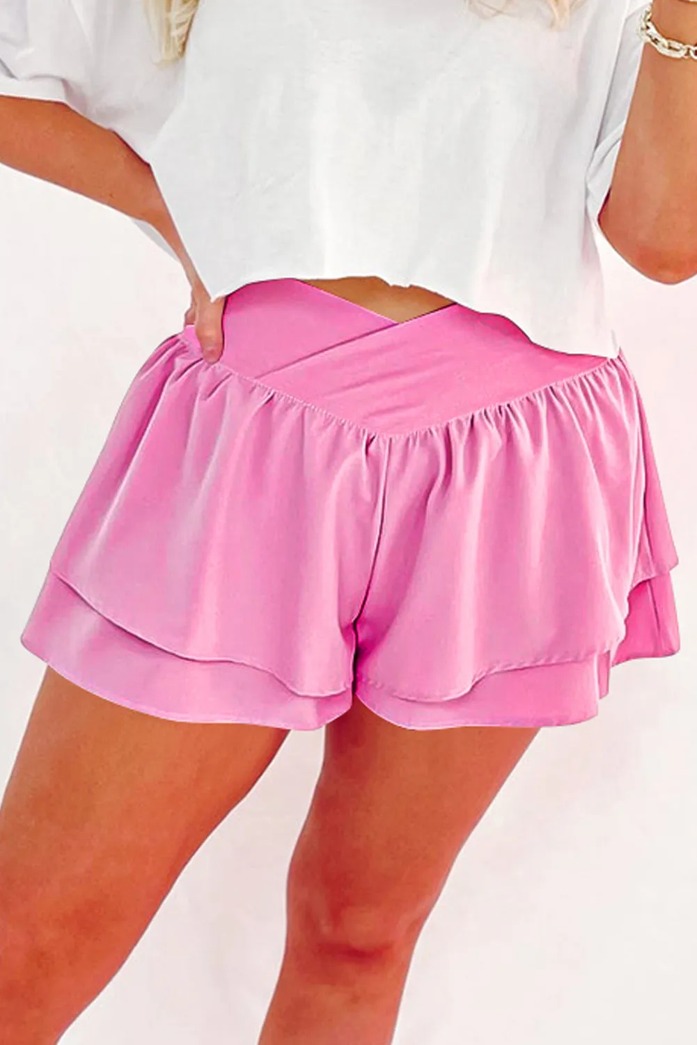 Bright Pink Crossed Waist Tiered Flowy Shorts