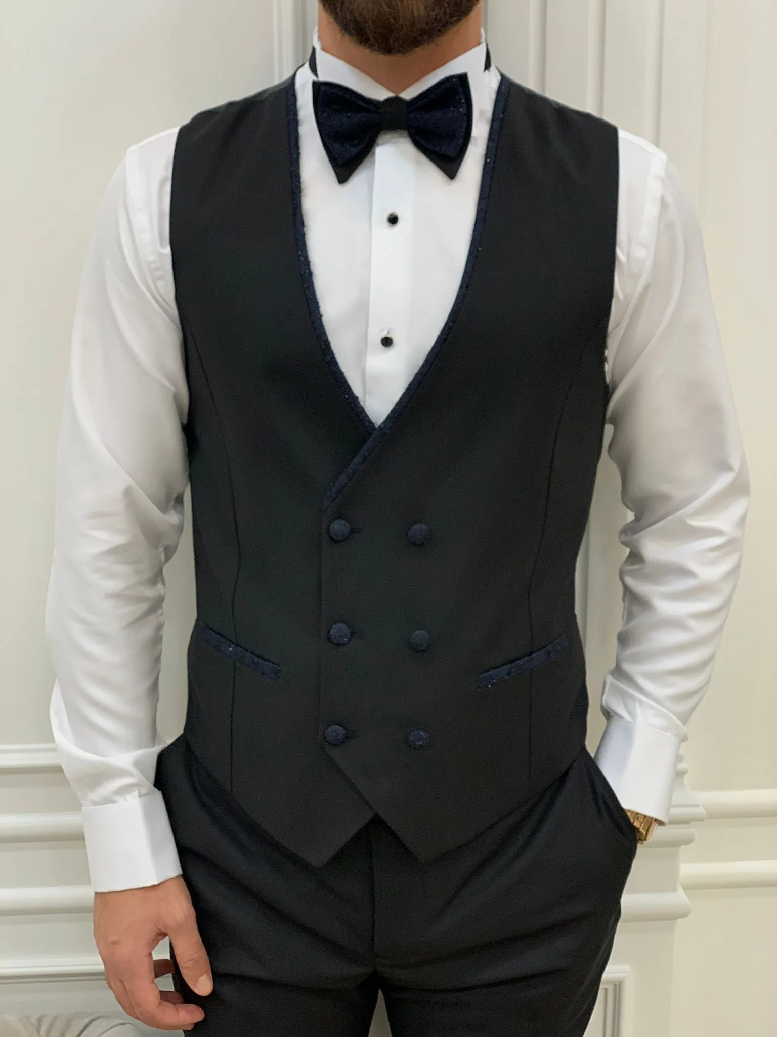 Caesar Navy Blue Slim Fit Peak Lapel Floral Patterned Tuxedo