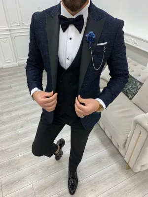 Caesar Navy Blue Slim Fit Peak Lapel Floral Patterned Tuxedo