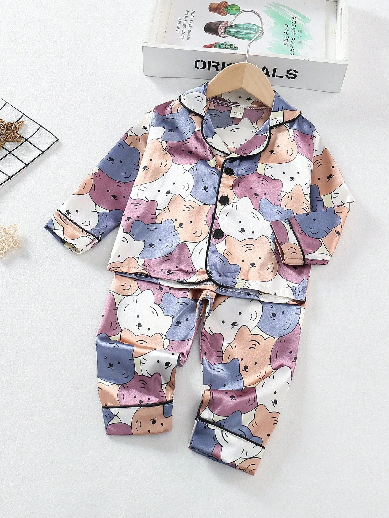 Cherry Blossom Cartoon Print Satin Pajama Set - FD