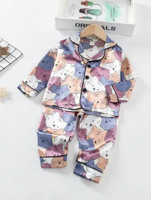 Cherry Blossom Cartoon Print Satin Pajama Set - FD