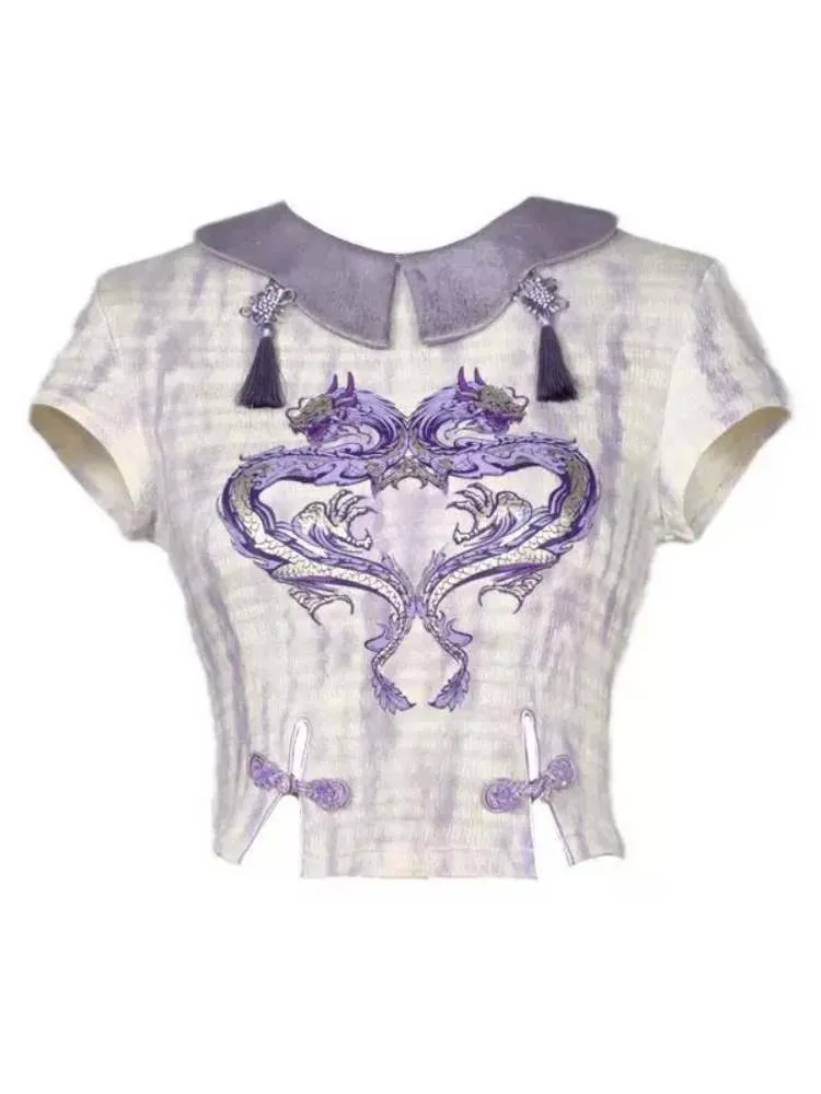 Chinese Style Dragon Print Stretch Knit T-Shirt【s0000009043】