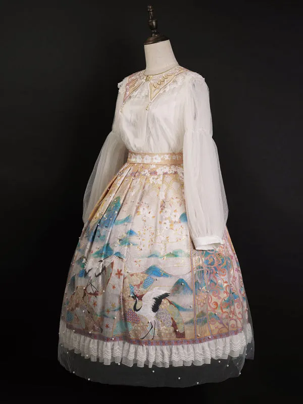 Chinese Style Lolita 5-Piece Set Light Sky Blue Skirt Choker Polyester Shirt Lolita Outfits