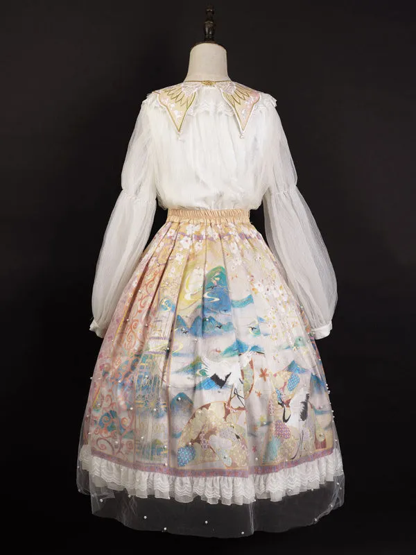 Chinese Style Lolita 5-Piece Set Light Sky Blue Skirt Choker Polyester Shirt Lolita Outfits