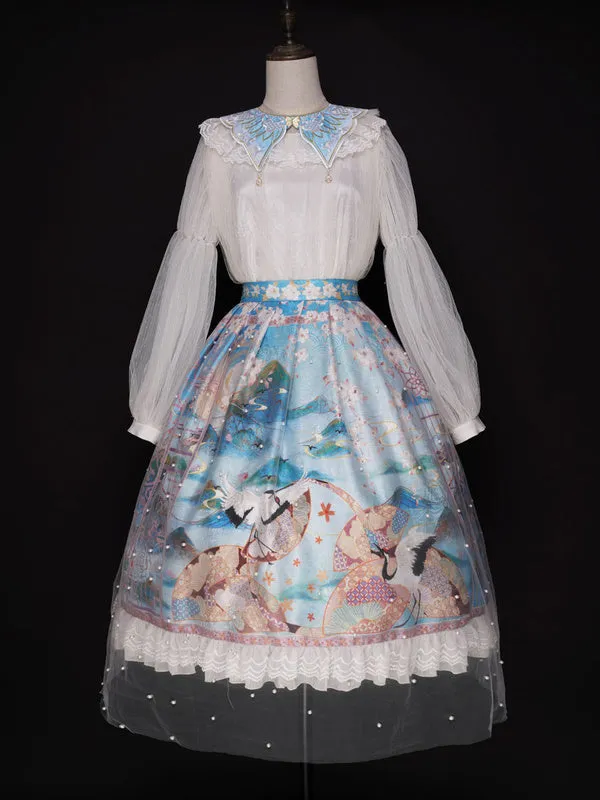 Chinese Style Lolita 5-Piece Set Light Sky Blue Skirt Choker Polyester Shirt Lolita Outfits