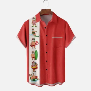 Christmas Fun Santa Chest Pocket Bowling Shirt