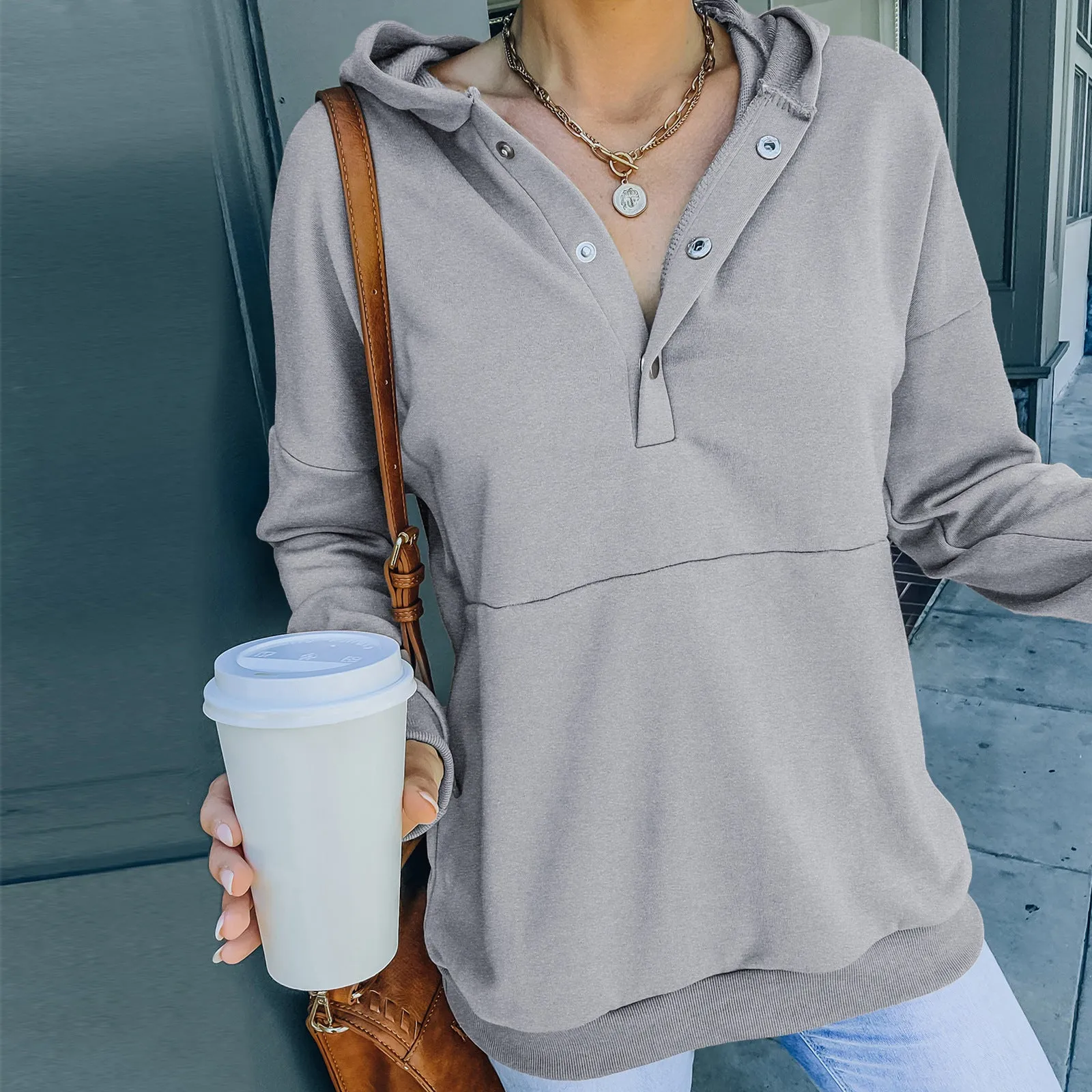 Classic Long-Sleeve Solid Hooded Pullover with Buttoned Collar